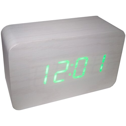 фото Часы-будильник деревянный брусок мини белый с зеленым, настольные часы happyko
