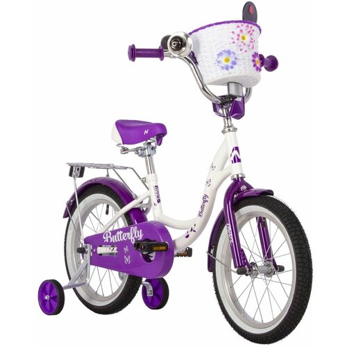фото Велосипед novatrack 16" butterfly белый-фиолетовый, тормоз нож, крылья и багаж хром, корз, полн защ.