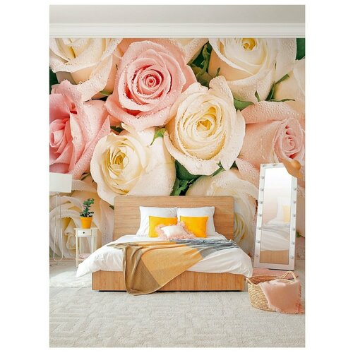 фото Фотообои белые, розовые цветы розы/ красивые уютные обои на стену в интерьер комнаты/ 3д расширяющие пространство/ на кухню в спальню детскую зал гостиную прихожую/ размер 300х270см/ флизелиновые топ фотообои,топ фотообои