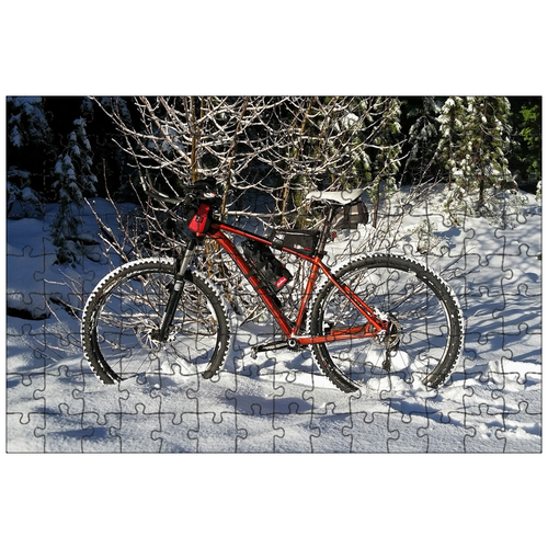 фото Магнитный пазл 27x18см."снежный велосипед, езда на велосипеде, зима" на холодильник lotsprints