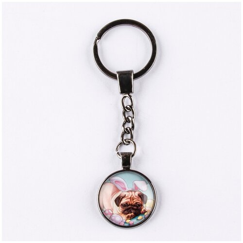 фото Брелок darifly цвета титан с большим кольцом для ключей, цепью и круглым рисунком "щенок бульдога с ушами зайца
