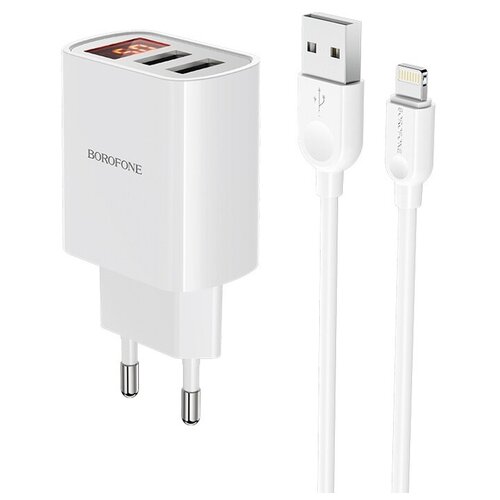 фото Зарядное устройство borofone ba58a mighty 2xusb 2.4a + кабель lightning 1.0m white