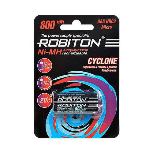 Аккумулятор AAA - Robiton Cyclone 800mAh RTU800MHAAA BL2 (2 штуки) 15585 аккумулятор beston r20 1 2 в 8000 мач nimh bl2