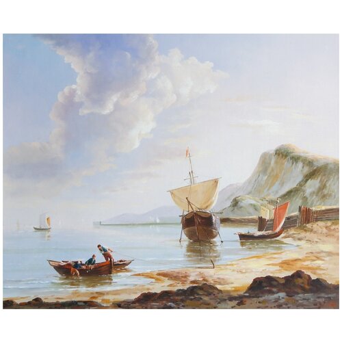 фото Картина маслом "отлив в бухте с парусником и рыбаками" 50х60см арт спб