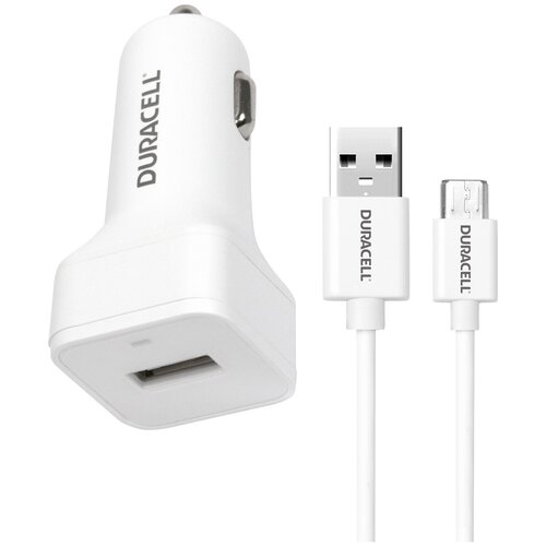 фото Автомобильное зарядное устройство duracell 1usb, 2.4а, fast charger, белый + кабель microusb 1м, dr5032w-ru,