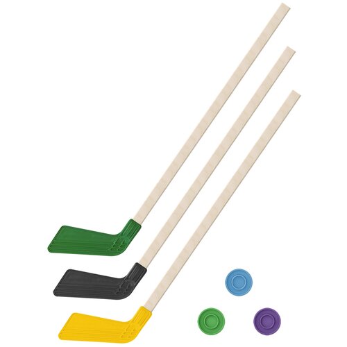 фото Детский хоккейный набор зима,лето 3 в 1/ клюшки хоккейных 80 см зеленая, черная, желтая + 3 шайбы, задира-плюс