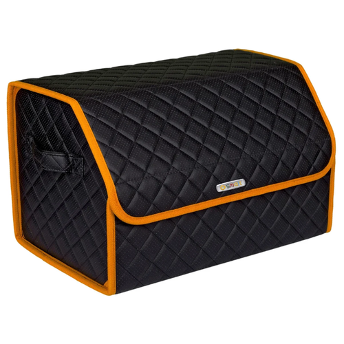 фото Сумка-органайзер в багажник автомобиля из перфорированной экокожи черная с черной нитью vicecar с логотипом smart (оранжевый кант)