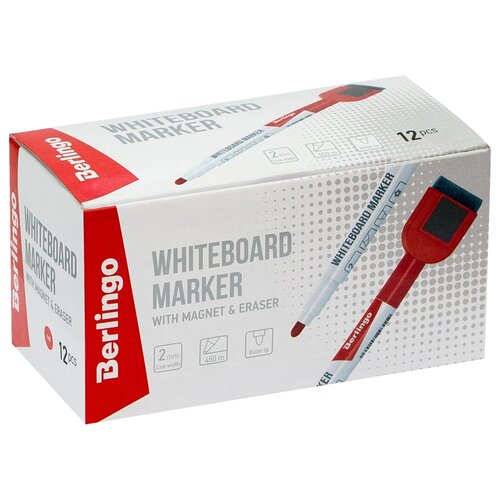 фото Berlingo набор маркеров с ластиком для белых досок uniline wb220 на магните, красный, 2 мм, 12 шт.