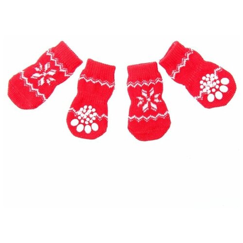 фото Носки для собак нескользящие "снежинка", размер м (3/4 * 7 см), набор 4 шт, красные пижон