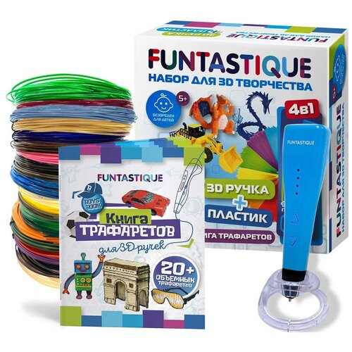 фото Набор для 3д творчества funtastique 4в1 3d-ручка cleo (синий) с подставкой+pla-пластик 20 цветов+книжка с трафаретами для мальчиков