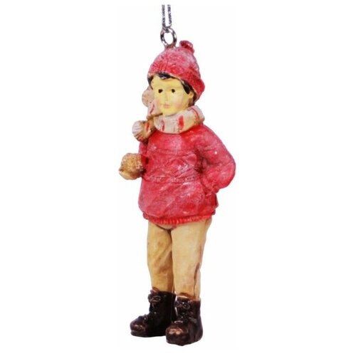 фото Ёлочная игрушка винтажная мальчик со снежком в красном свитере, полистоун, 4х2х9 см, hogewoning 400249-061