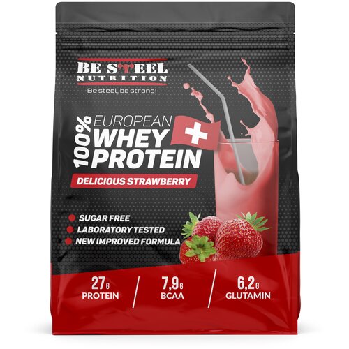 фото Сывороточный whey протеин белковый коктейль 0,9кг вкусная клубника be steel nutrition