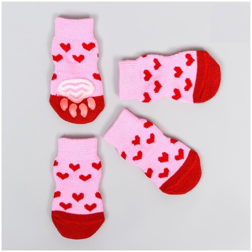 фото Носки для собак нескользящие "сердечки", размер l (3,5/5 * 8 см), набор 4 шт, розовые пижон