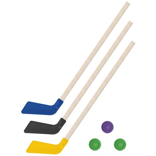 фото Набор спортивный детский для активных игр: 3 клюшки хоккейных 80 см синяя, черная, желтая + 3 шайбы, задира-плюс