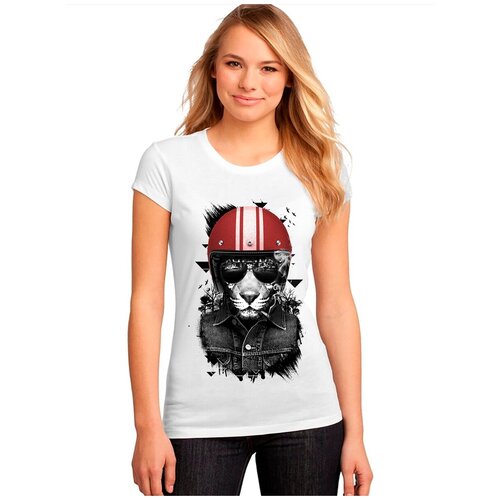 фото "женская белая футболка тигр, шлем, очки". размер s drabs