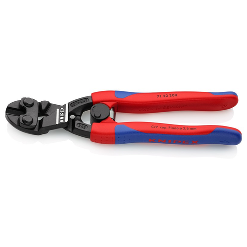 фото Болторез компактный knipex kn-7122200, с пружиной, голова 20°, рез: мягкая проволока ø 6 мм, проволока средней твёрдости ø 5.2 мм, твёрдая проволока ø 4 мм, рояльная струна (hrc 59) ø 3.6 мм, l-200 мм, чёрный, 2-компонентные рукоятки