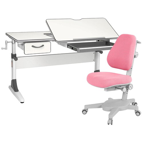 фото Комплект парта + кресло + органайзер + ящик anatomica smart-60 молочный/серый с розовым креслом armata
