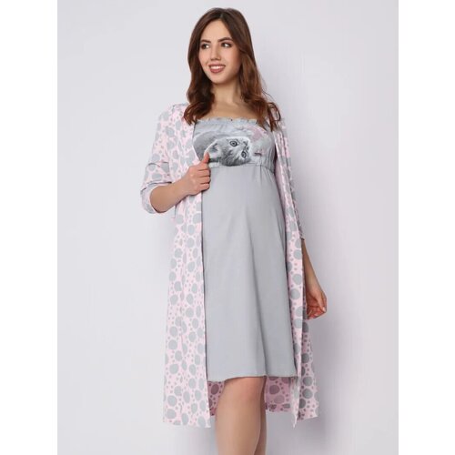 фото Комплект style margo, сорочка, халат, укороченный рукав, пояс, размер 44, розовый