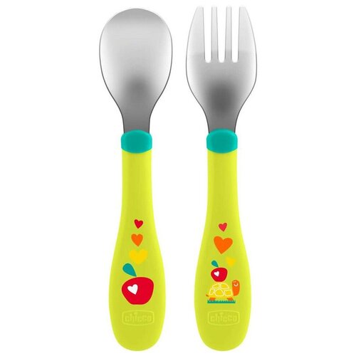 фото Набор для кормления chicco metal cutlery зеленый с рисунком