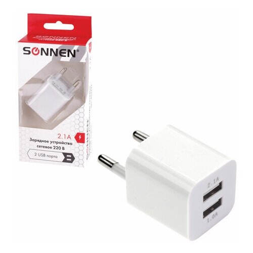 фото Зарядное устройство сетевое (220в) sonnen, 2 порта usb, выходной ток 2,1 а, белое, 454797