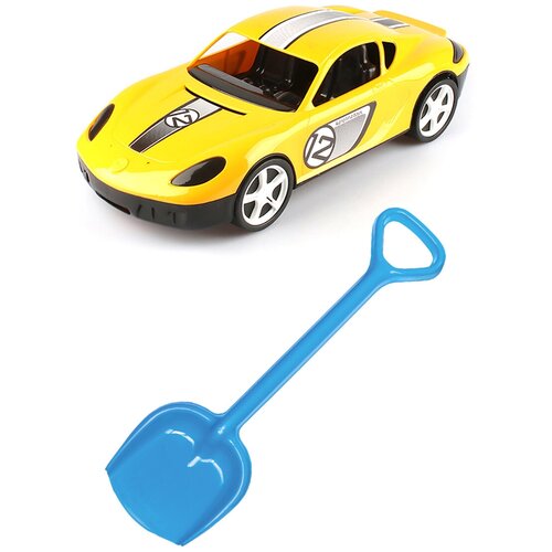 фото Детский игровой набор для песочницы: детский автомобиль молния желтый + лопатка 50 см. синяя, каролина тойз karolina toys