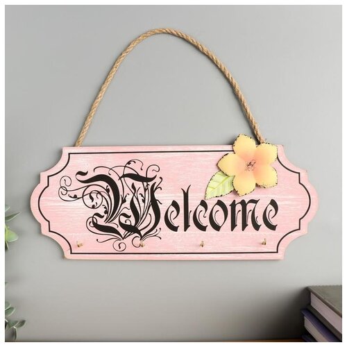 фото Крючки декоративные дерево "вывеска welcome с цветком" 11.8х30х2.5 см сима-ленд