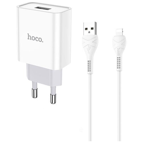 фото Сетевое зарядное устройство hoco c81a asombroso 1xusb, 2.1a + кабель lightning 8-pin, 1м (белый)