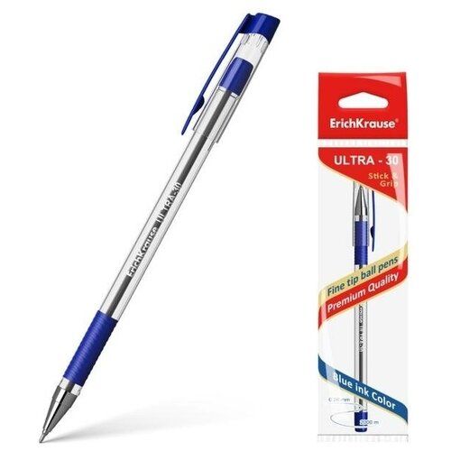 фото Ручка шариковая erich krause ultra-30, узел-игла 0.7 мм, чернила синие, резиновый упор, длина линии письма 2000 метров, 1 штука, 2 шт. erichkrause