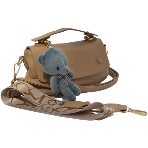 фото Женская мини-сумка women and man с брелком мишка , две съемные ручки, бежевая, экокожа