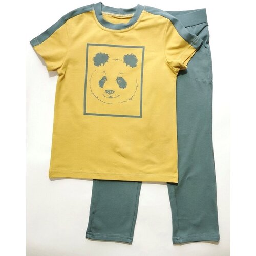 фото Комплект одежды детский, бриджи и футболка, повседневный стиль, пояс на резинке, размер 110, хаки, горчичный crazy sun