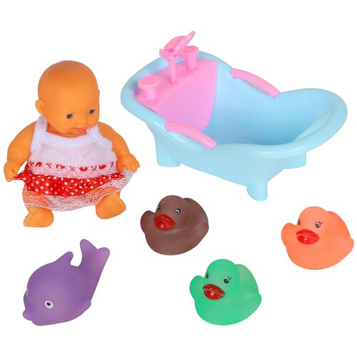 фото Пупс для девочек игрушечный, с игровым набором для купания, кукла для девочек, (пупс, утки, дельфин, голубая ванна), в/п 24*19*8см компания друзей