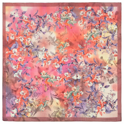 фото Платок павловопосадская платочная мануфактура,115х115 см, коралловый, фиолетовый
