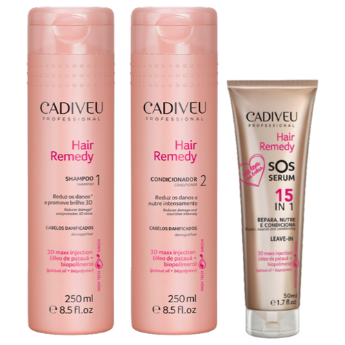 фото Cadiveu hair remedy home care домашний набор (3 продукта) : шампунь 250 мл, кондиционер 250 мл, cыворотка 15в1 50 мл.