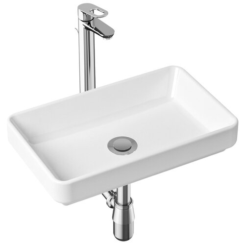 фото Комплект 3 в 1 lavinia boho bathroom sink slim 21510224, накладная фарфоровая раковина 55 см, смеситель с донным клапаном, латунный сифон