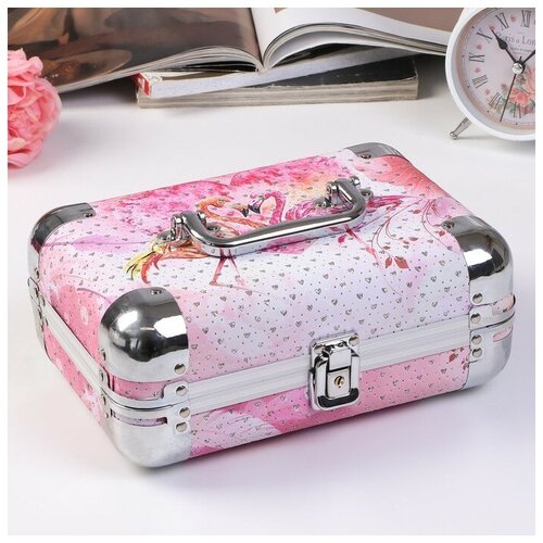 фото Шкатулка металлокаркас чемодан "фламинго у сердца" с блёстками 10х24х16,5 см 4563382 сима-ленд