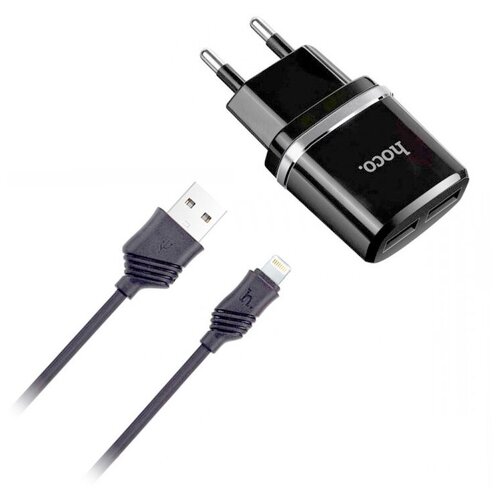 фото Hoco блок питания сетевой 2 usb hoco, c12, 2400ma, пластик, кабель apple 8 pin, чёрный (c12 blk 8pin)