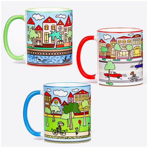 фото Набор из трёх кружек darifly "дома с красными крышами" для чаепития зелёного, красного и голубого цветов.