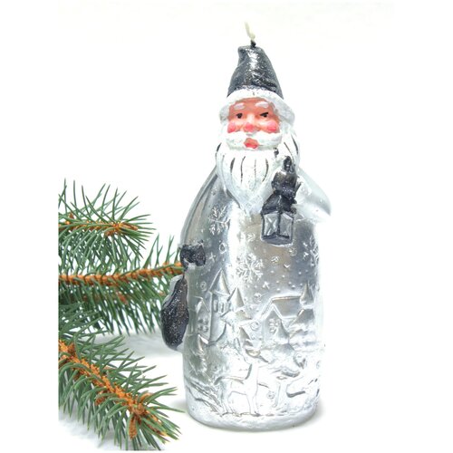 фото Санта "свеча парафин фигурная декоративная, серебро с росписью h205 d85 эвис