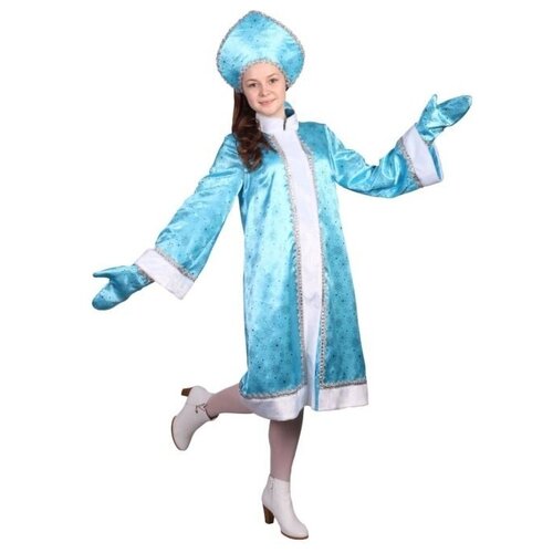 фото Карнавальный костюм "снегурочка", атлас, прямая шуба с искрами, кокошник, варежки, цвет голубой, р-р 42 страна карнавалия