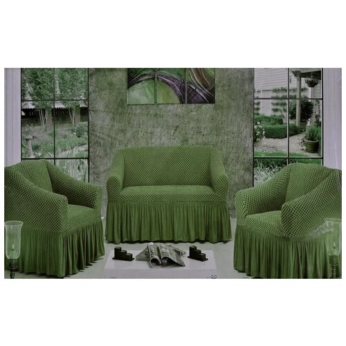 фото Чехлы престиж фактура соты на диван+2 кресла, зеленый karbeltex