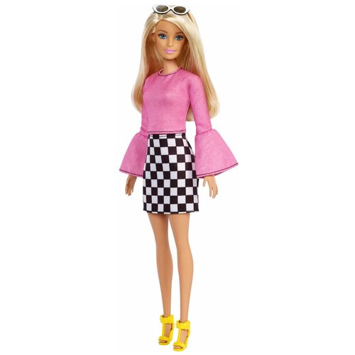 фото Кукла mattel barbie игра с модой fbr37/dyy98 (блондинка, розовая блузка, юбка в черно-белую клетку, солнечные очки)