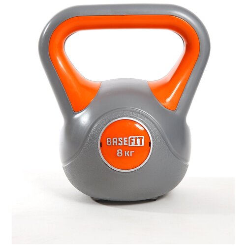 фото Гиря пластиковая basefit 8 кг серая оранжевая цельная для спорта фитнеса и кроссфита