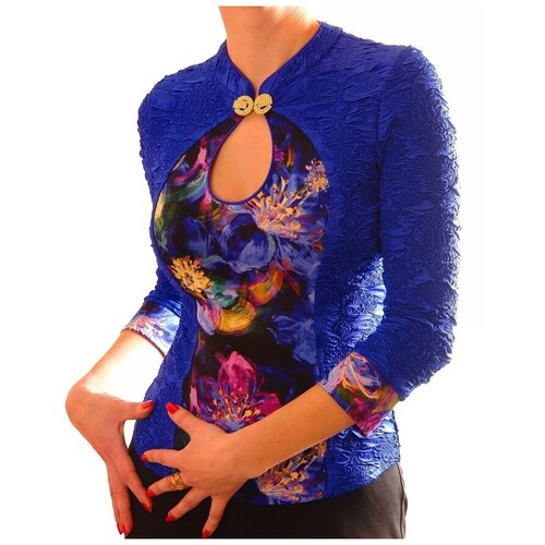фото Блуза thedistinctive, нарядный стиль, прилегающий силуэт, флористический принт, размер m, синий