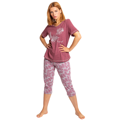 фото Комплект женский lilians., домашний, пижама, бриджи, размер 54, бордовый, принт/листья