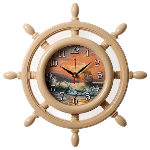 фото Часы настенные штурвал корабля в закате, диаметр 35 см, бежевого цвета рубин