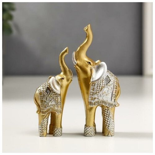 фото Сувенир полистоун "два золотых слона в серебристой попоне" набор 2 шт 11х8х3,2 см qwen