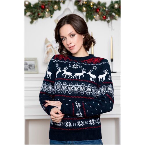 фото Шерстяной свитер, классический скандинавский орнамент с оленями и снежинками, натуральная шерсть, синий цвет, размер m anymalls