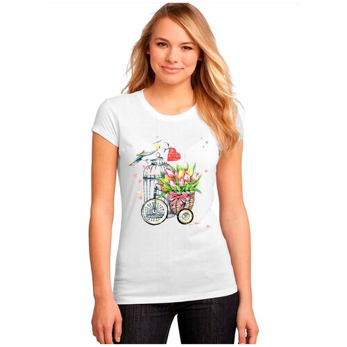 фото "женская белая футболка клетка, тюльпаны, велосипед". размер l drabs