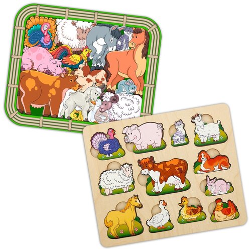 фото Набор рамок-вкладышей нескучные игры переполох на ферме (8068) + чей малыш. домашние животные (8090)