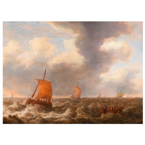 фото Постер а2 корнелис леонардс стутер - корабли и рыбацкая лодка в неспокойном море drabs
